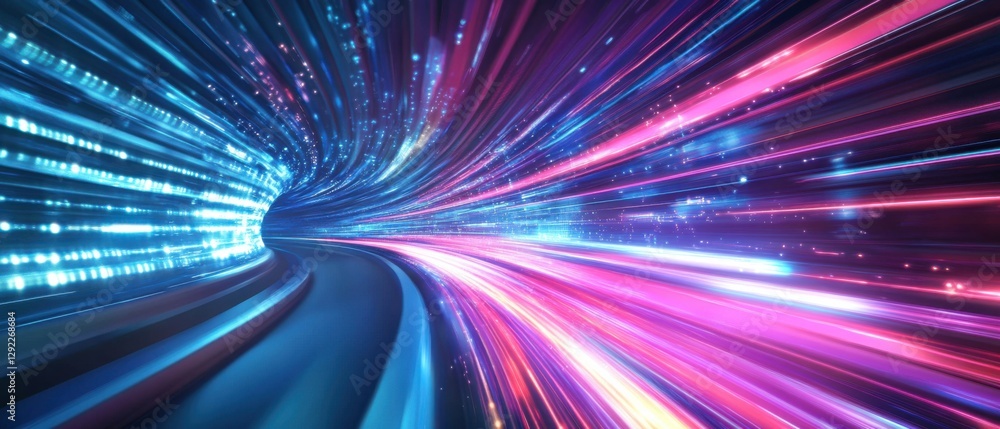 Poster abstract data stream tunnel with light trails in blue and pink, representing high speed internet con