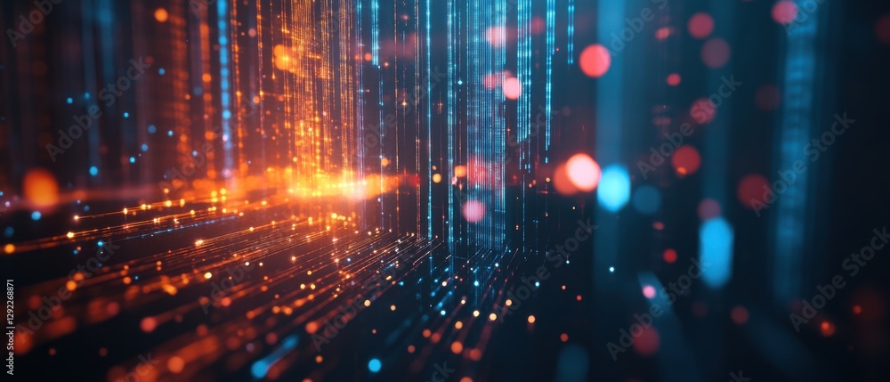 Poster abstract data stream visualization with glowing orange and blue light trails on dark background conc