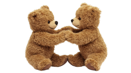 Cuddly brown teddy bears clasping hands, sharing tender gaze, embodying emotional connection on transparent backdrop