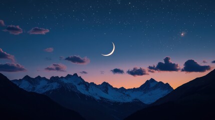 Fototapeta premium A mystical scene of rugged mountain peaks reaching toward a crescent moon, as luminous clouds add depth to the glowing night sky.