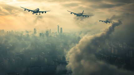 Fototapeta premium Save world poster. Concept of air pollution, ecology problems. Vector banner of environment care with cartoon illustration of planes with dirty smoke flying above city