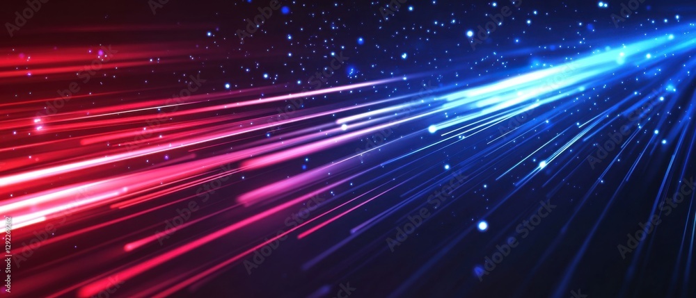 Poster abstract red and blue light streaks with sparkling particles, creating a dynamic and futuristic back