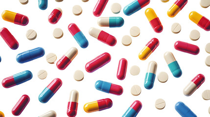 Set of scattered capsules on a white background. capsule bottles , capsule pharmacy bottle pill drug concept isolated on a transparent background