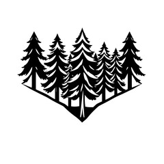 Obraz premium Black and White Graphic Illustration of Evergreen Trees Forming a Symmetrical Design on a White Background.