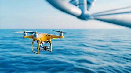 Aerial-View-of-a-Yellow-Drone-Flying-Over-Calm-Ocean-Waters-with-a-Background-of-Industrial-Structures-and-Clear-Blue-Sky