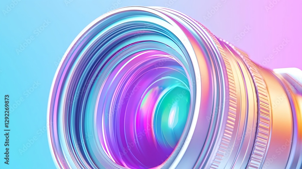 Poster artistic-close-up-of-professional-camera-lens-captured-with-colorful-light-reflections-and-gradient-