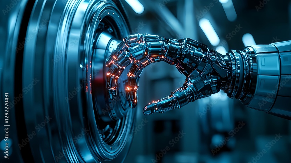 Poster close-up-of-a-futuristic-robotic-hand-reaching-towards-a-mechanical-interface-in-a-high-tech-industr