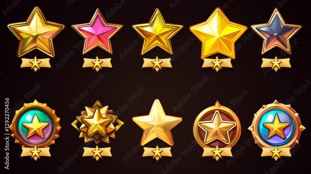 Aufkleber game golden badges of level number with rating stars isolated on background. vector cartoon icons se