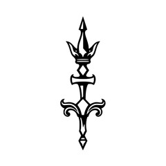 Stylized symmetrical black and white emblem of an ornamental sword-like design over a white backdrop.
