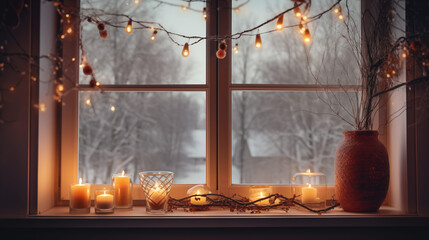 Cozy Winter Window with Candlelight and Snowy View