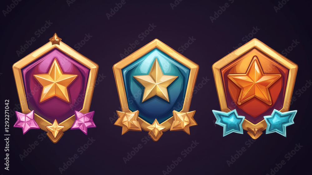 Aufkleber game golden badges of level number with rating stars isolated on background. vector cartoon icons se