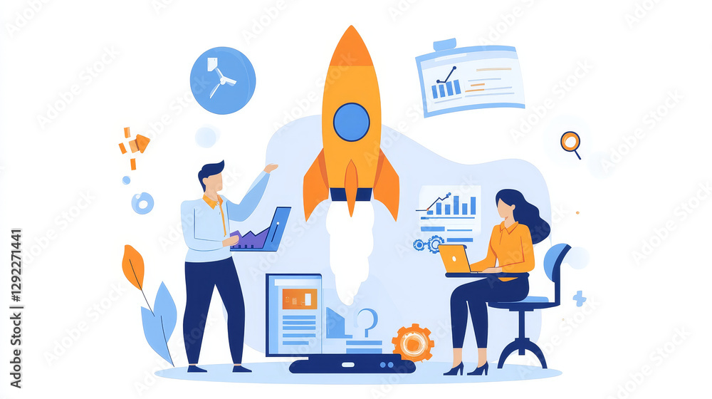 Poster startup successful launch business project boost. employee man push on start button and rocket fly u