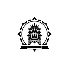 Emblematic black and white vector illustration depicting a regal throne, framed by a circular border.