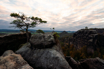 Sonnenuntergang am Lehnsteig Sandstein Berg im Nationalpark Sächsische Schweiz in Sachsen...