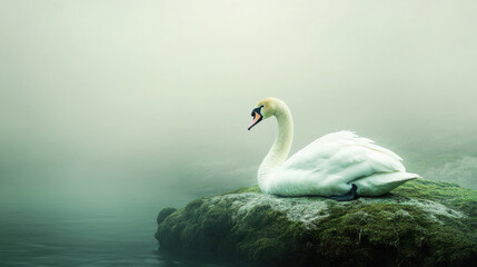 Fototapeta premium An elegant swan resting on a mossy rock, soft fading mist, simple and poetic background