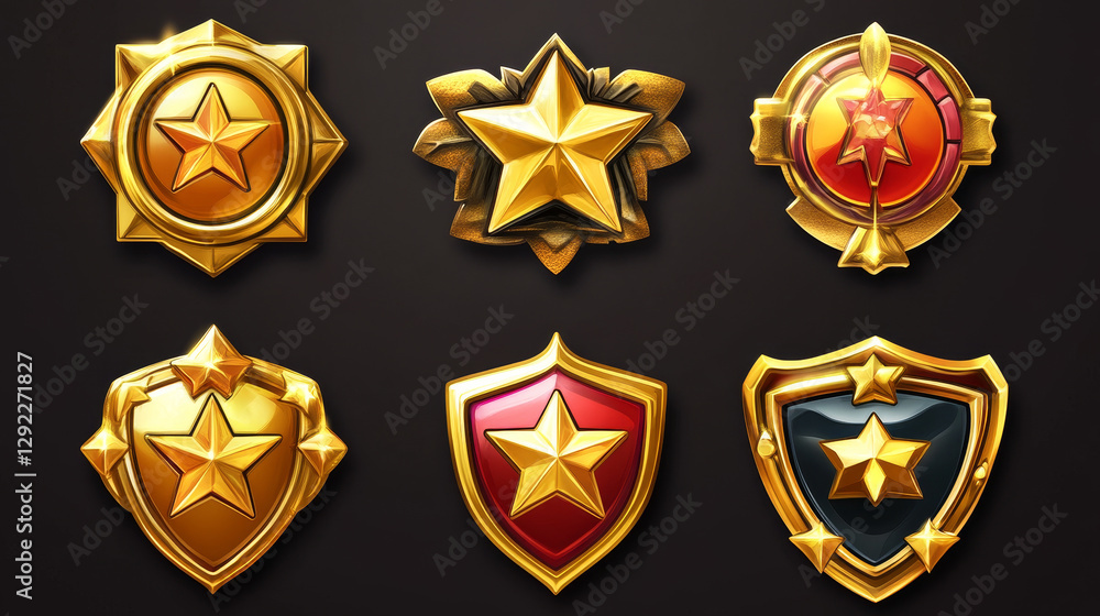 Poster game golden badges of level number with rating stars isolated on background. vector cartoon icons se