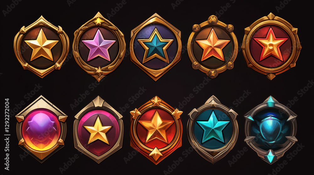 Aufkleber game golden badges of level number with rating stars isolated on background. vector cartoon icons se
