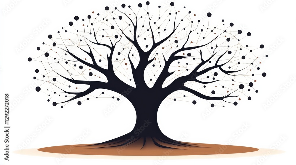 Poster a stylized tree with intricate branches and decorative dots on a simple background