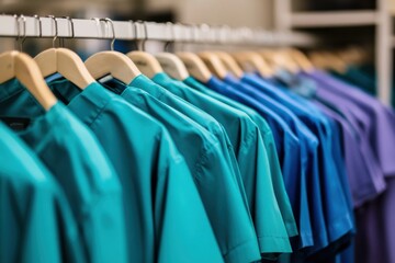 Neatly arranged medical scrubs hanging on hangers in a healthcare facility wardrobe