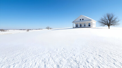 White house, snowy field, winter landscape, rural scene