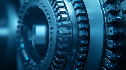Fototapeta premium Detailed-Close-Up-of-Circular-Machinery-Components-with-Gleaming-Metal-Surfaces-and-High-Tech-Design-Elements