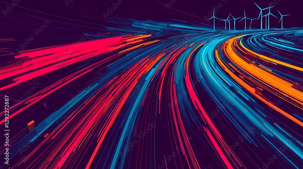 Poster dynamic-light-trails-with-wind-turbines-in-the-background-symbolizing-renewable-energy-and-modern-tr