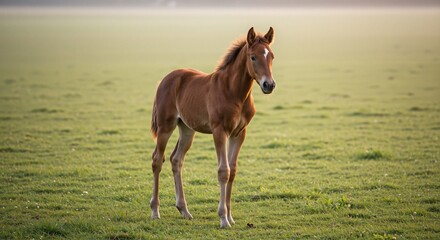 Fototapeta premium Young chestnut foal standing gracefully in a lush green pasture exuding calmness and tranquility at sunrise