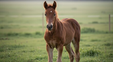 Obraz premium A young chestnut foal standing gracefully in a lush green pasture, embodying a serene and playful mood, surrounded by a tranquil countryside landscape