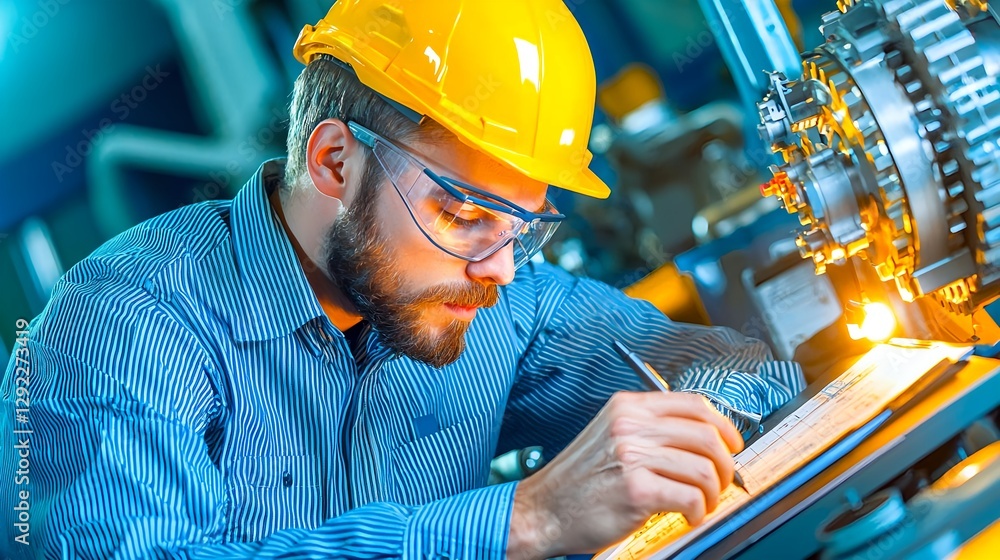 Poster engineer-in-safety-gear-inspecting-machinery-with-notepad-in-industrial-workshop-environment-for-qua