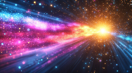Obraz premium A dynamic blend of blue, red, yellow, and purple light streaks, set against a sparkling starfield, symbolizing high-speed space travel or hyperspace in a modern, futuristic context