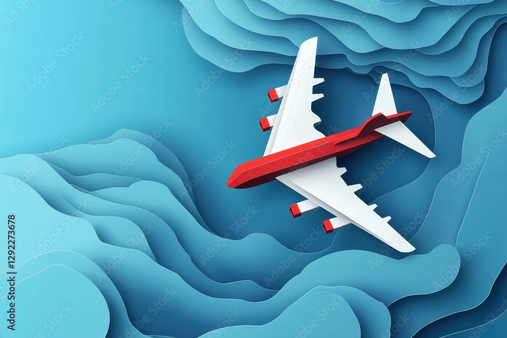 Poster colorful airplane flying above layered blue paper like waves in a creative design concept during day