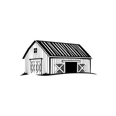 Rustic black and white barn vector illustration, a simple minimalist icon of a barn on a hill.
