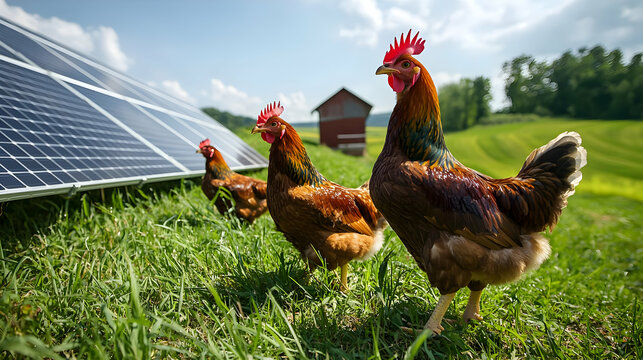 Chickens under solar panels on farm