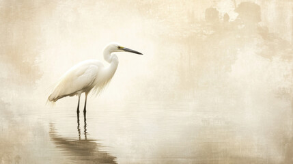 Naklejka premium A graceful egret gazing over still waters, atmospheric mist, balanced minimalism