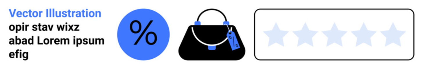 Blue discount percentage symbol, black handbag with tags, and blank star rating. Ideal for shopping, e-commerce, retail, reviews, discounts fashion sales and promotions. Flat landing page banner