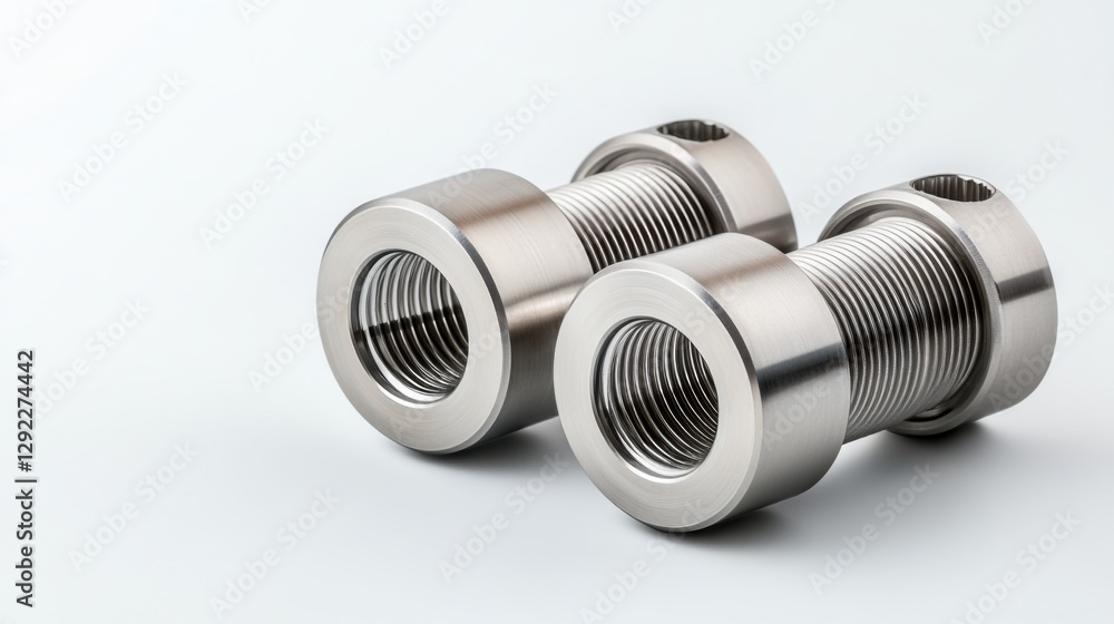 Poster close-up view of industrial metal components with smooth finish and threaded design for engineering 