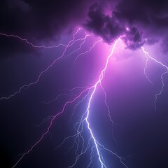 Fototapeta premium Bright lightning bolt piercing purple storm clouds in dark night sky
