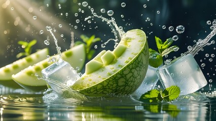 Hyperrealistic image of fresh green melon slices splashing in water with ice cubes and mint leaves, creating a refreshing summer vibe