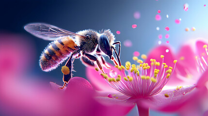 Naklejka premium Extreme Closeup of a Honeybee Collecting Pollen from a Vibrant Pink Flower
