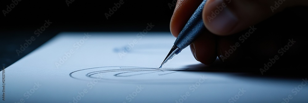 Poster fine pen sketching on paper displayed in dim lighting, showcasing intricate lines and artistic expre