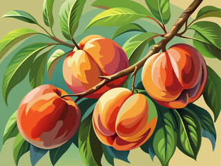 vector of  beautiful ripe peaches on a branch. Selective focus