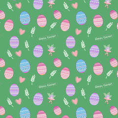 Seamless Easter pattern with eggs and bouquets of flowers in pastel colors.eps