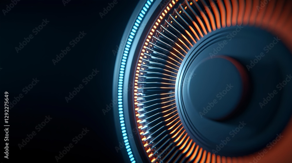 Poster futuristic-close-up-of-a-circular-pattern-with-glowing-elements-in-blue-orange-and-black-showcasing-