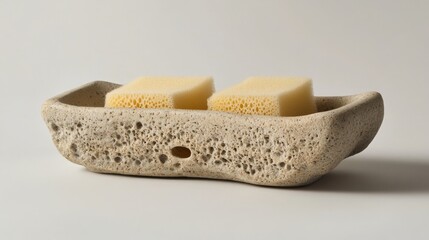 slotted stoneware sponge holder, flat beige background, 16:9