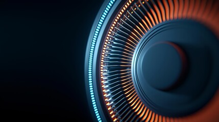 Futuristic-close-up-of-a-circular-pattern-with-glowing-elements-in-blue-orange-and-black-showcasing-technology-and-design