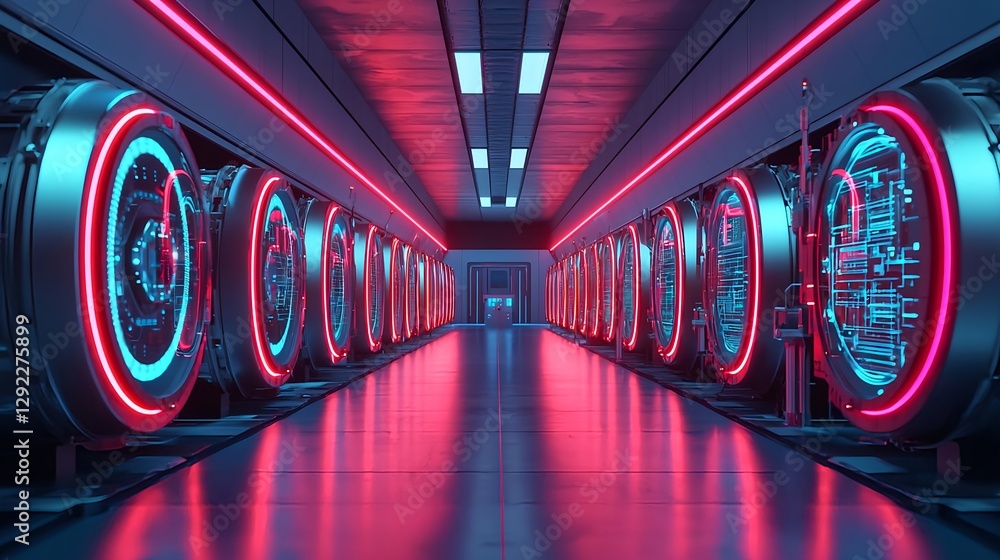 Poster futuristic-data-center-with-neon-lights-and-high-tech-infrastructure-in-dark-environment