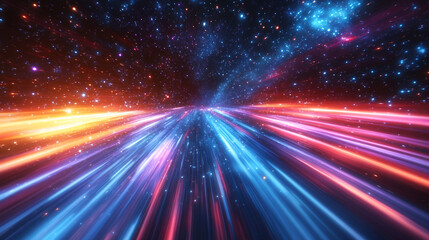 Obraz premium A dynamic blend of blue, red, yellow, and purple light streaks, set against a sparkling starfield, symbolizing high-speed space travel or hyperspace in a modern, futuristic context