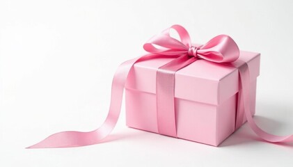 Fototapeta premium Open pink gift box with delicate ribbon bow, isolated on white , present, backdrop, ribbon
