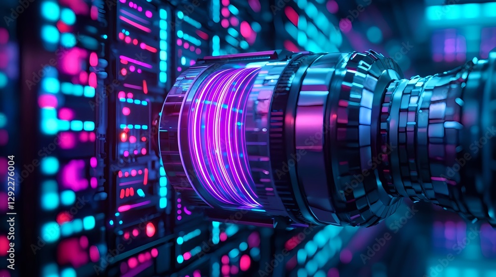 Poster futuristic-data-transmission-device-with-neon-lights-in-abstract-cyber-environment