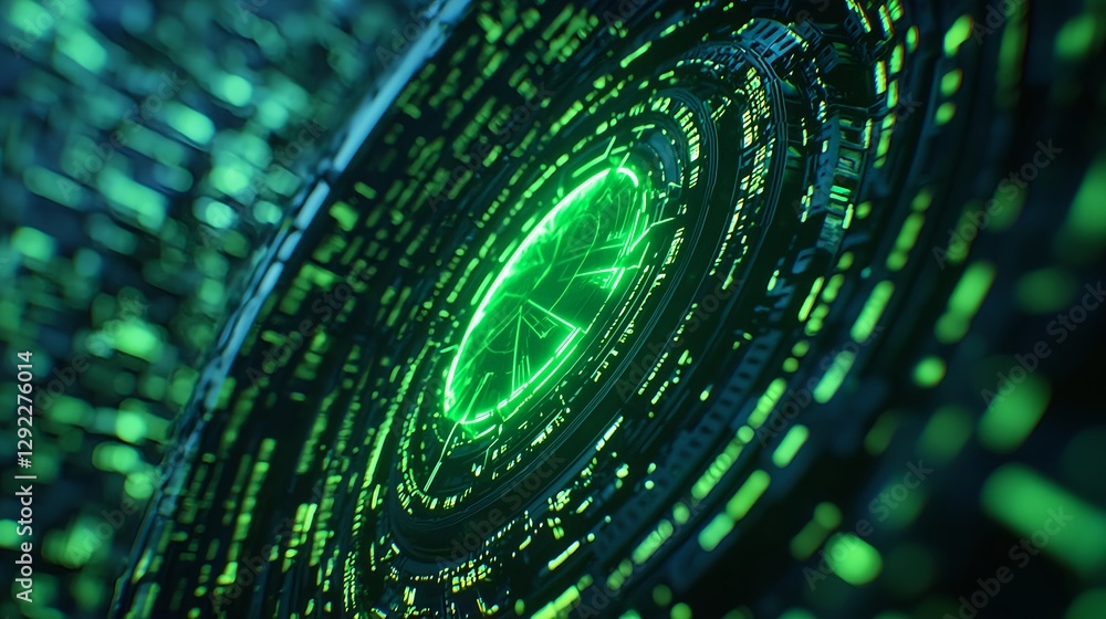 Poster futuristic-digital-abstract-design-featuring-glowing-green-patterns-and-circular-shapes-on-a-dark-ba